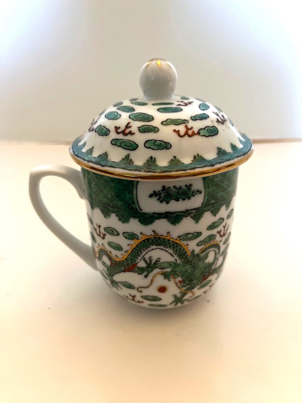Chinese Porcelain Lidded Mug Cup Hand Painted Green Dragon Gold Accents Vintage